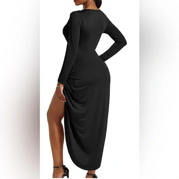 Women's V Neck Ruched Wrap Slit Hem Long Sleeve Bodycon Midi Dress - Picture 2 of 4